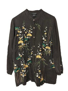 Citron Women’s L Sueded Rayon Button Up Embroidered Blouse
